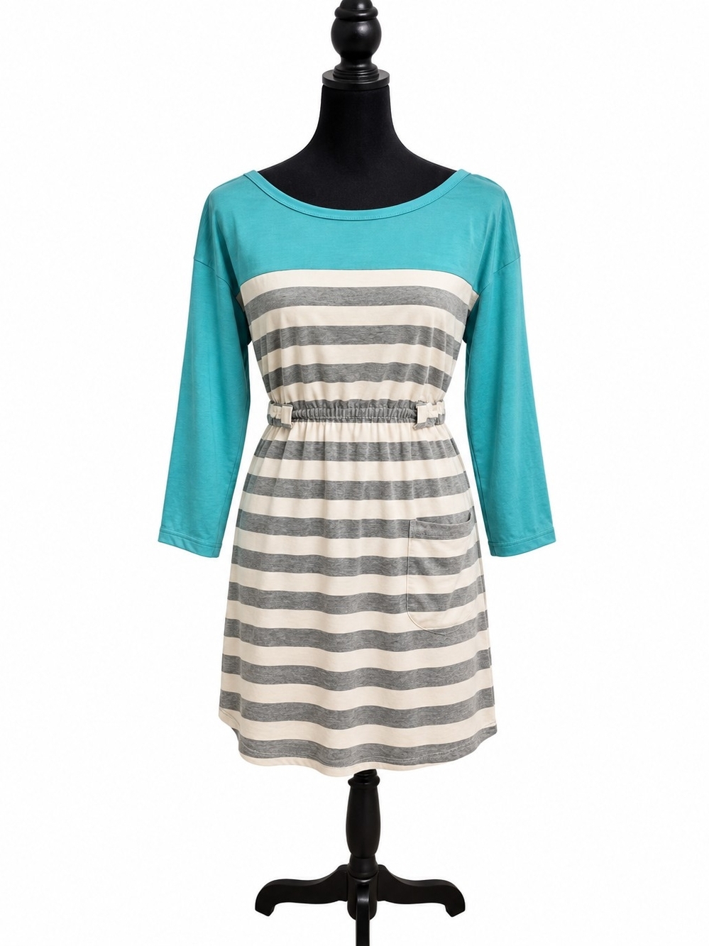 Poof Authentic Turquoise & Gray Striped 3/4 Sleeve Dress – Small